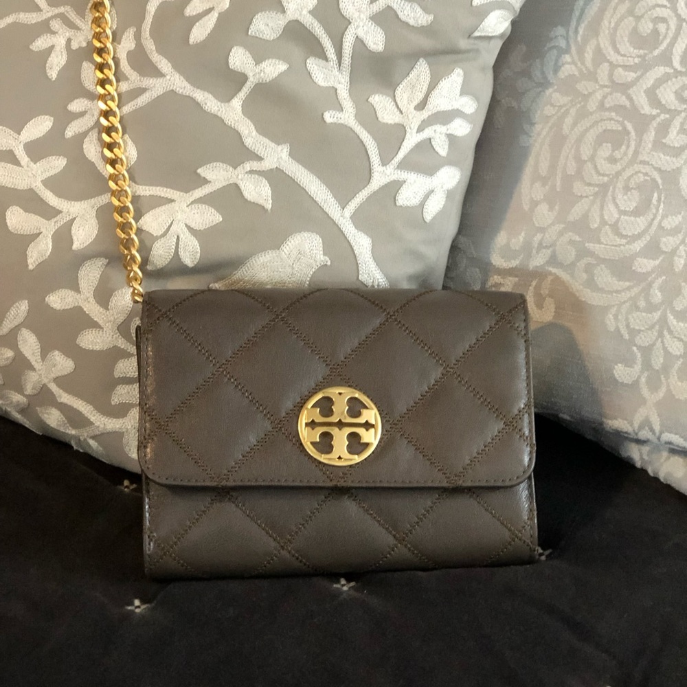 Tory Burch; camera size/detachable strap); color is grayish/mushroom